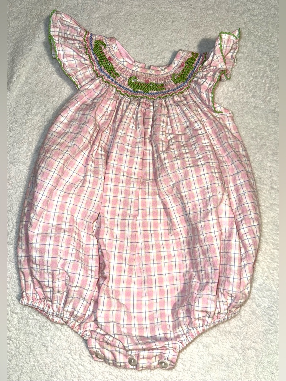 Petit bebe hand smocked girls pink and white bubble romper, size 12 mos
